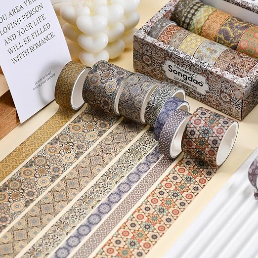 12 Rolls Exotic Charm Washi Tape Set Floral Arts Adhesive Tapes Geometric Garden Decorative Masking Tape Sets for Craft, Kids, Scrapbook, DIY, Gift Wrapping (Azure Serenity)