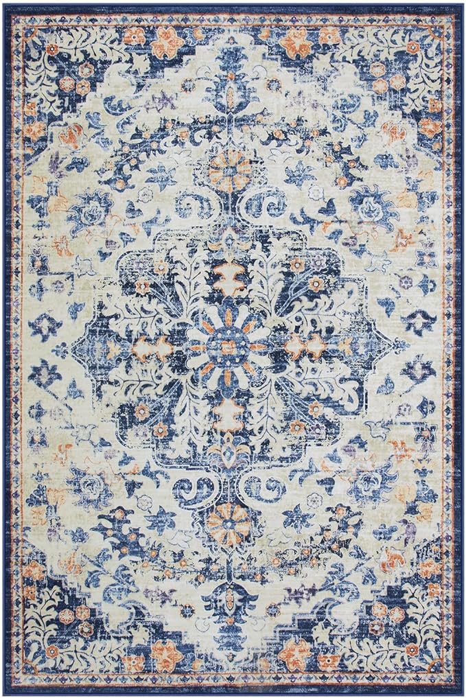 Lahome Bohemian Floral Medallion Area Rug - 4x6 Blue Washable Living Room Rug Soft Bedroom Mat, Non Slip Indoor Floor Carpet for Foyer Entryway Classroom Sunroom Bathroom