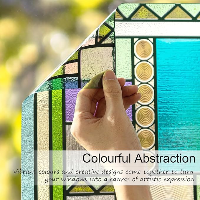 3D Stained Glass Window Privacy Film, Heat Control UV Blocking Static Cling Decorative Window Film for Bathroom,Front Door,Home Non Adhesive,Colorblock 35.4 x 78.7 inches