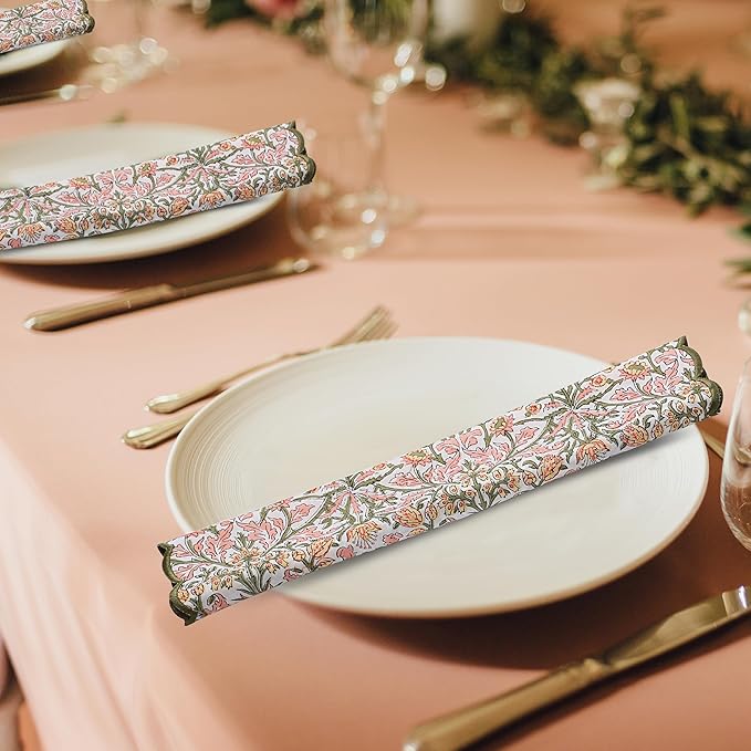 Ridhi Sassy Salmon Pink Hand Block Print Napkins 18" x 18" Set of 4 Reusable Cotton Dinner Napkins for Weddings, Parties & Everyday Dining, Thanksgiving, Christmas, Fall