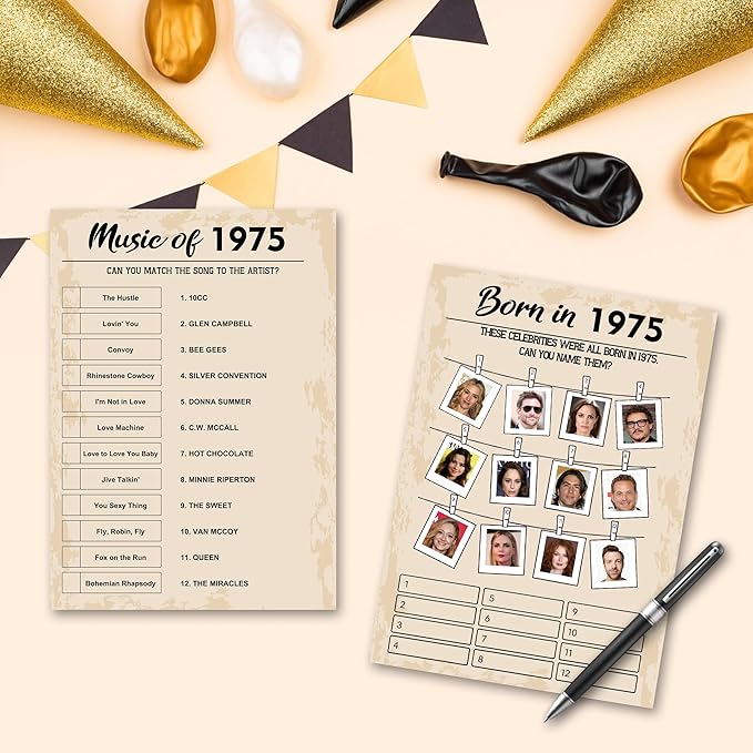 50th Birthday Party Games, Born in 1975 Games Bundle, Set of 5 Activities for 10 Guests, Birthday Party Supplies for Adults, Pack of 50 Cards