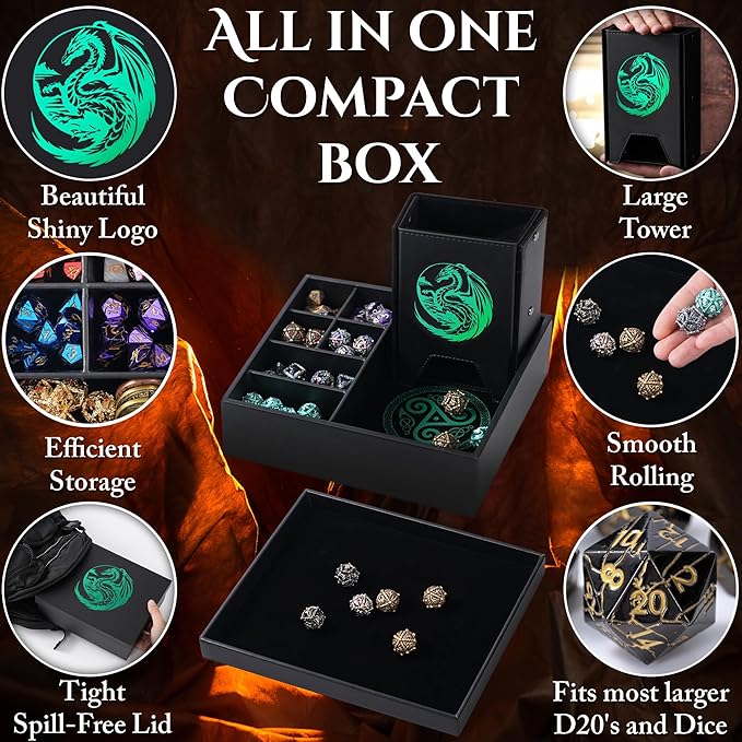 Dice Tray and Dice Tower for DND: All-in-One Tray, Storage & Large Tower for Random Rolls - Stores Your Sets, Mini's etc, Perfect for D&D and RPG Gift Accessories (Green Dragon)