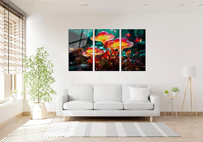 SpiritualHands Fantastic Mushrooms Glass Wall Art Oil Painting for Living Room, Tempered Glass Modern Prints Decor, Large Vivid Color Panel for Bedroom, Kitchen, or Office