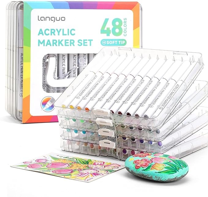 48 Colors Acrylic Paint Markers Pens Set, Soft Brush Tip Markers with Fast Drying & No-Bleed Ink, Acrylic Paint Pens for Rock, Wood, Egg, Ceramic, Fabric Painting, Art Supplies and DIY Crafts
