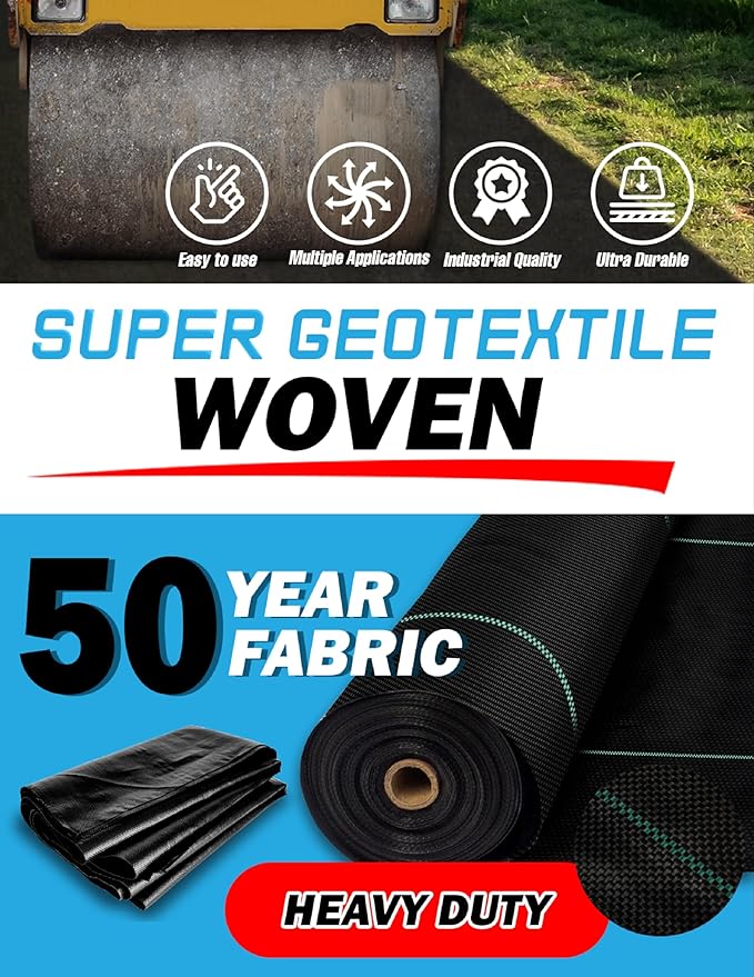 Woven Geotextile Fabric for Driveway and Road Stabilization, Construction Underlayment, Erosion Control, Commercial Grade 50 Year for Gravel Roads and Pavers (15x30) Ships Folded
