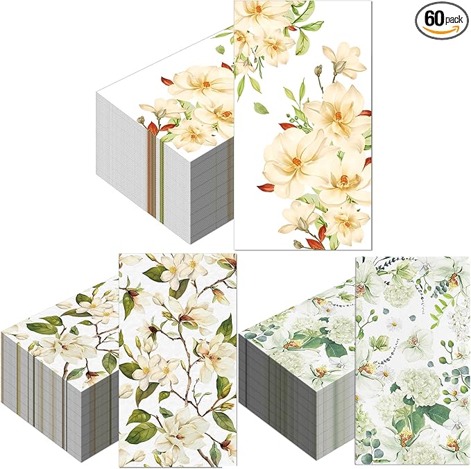 60 Pack 3 Styles Floral White Magnolia Blossom Guest Napkins Disposable Paper Spring Flowers Dinner Hand Napkin for Bathroom Wedding Holiday Anniversary Birthday Party Bridal Decorative Towels