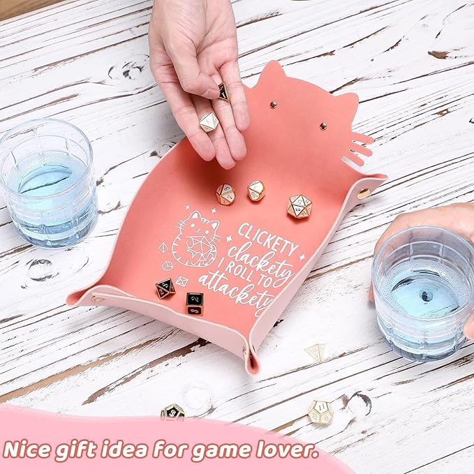 Cat Dice Tray Pinkk for Rolling Funny Folding Leather Dice Tray Portable Travelling Dice Storage Accessories Decorative Desk Organizer for RPG, DND Game Players