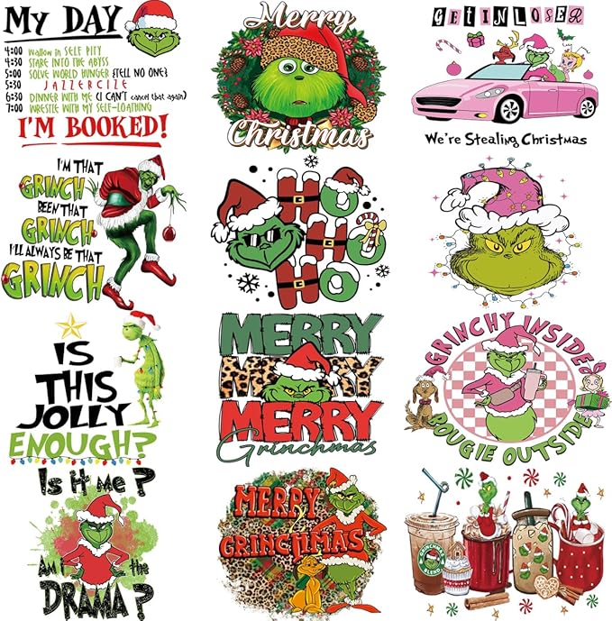 Christmas Iron on Decals Transfer, Funny Christmas Heat Transfer Stickers Iron on Patches for Clothes T-Shirts Pillow Cover Hoody Bag Xmas DIY Craft Supplies Vinyl Stickers (12PC-A)