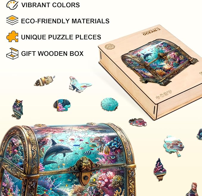 Wooden Puzzles for Adults, Treasure Chest Ocean Wooden Jigsaw Puzzle Unique Shape Animal Wood Puzzles Adult 3D Visual Effect, Birthday Gifts for Puzzle Lovers Family Games (S-8.5 * 8.1in-100pcs)
