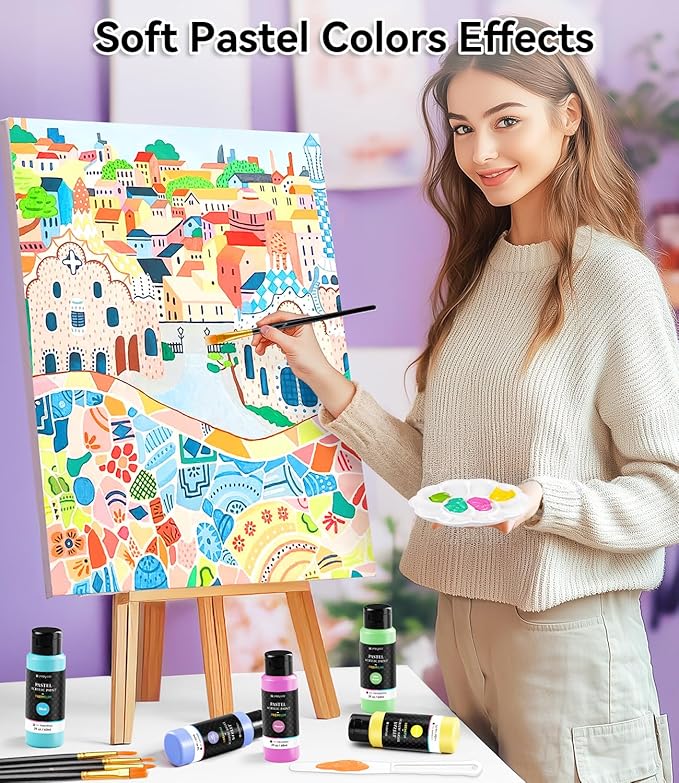40 PCS Pastel Acrylic Paint Set with 12 Brushes, 2 Knives & Palette, 24 Colors (2oz/60ml) Art Craft Paint for Adults Kids Artists Beginners, Halloween Pumpkin Canvas Ceramic Rock Painting Kit