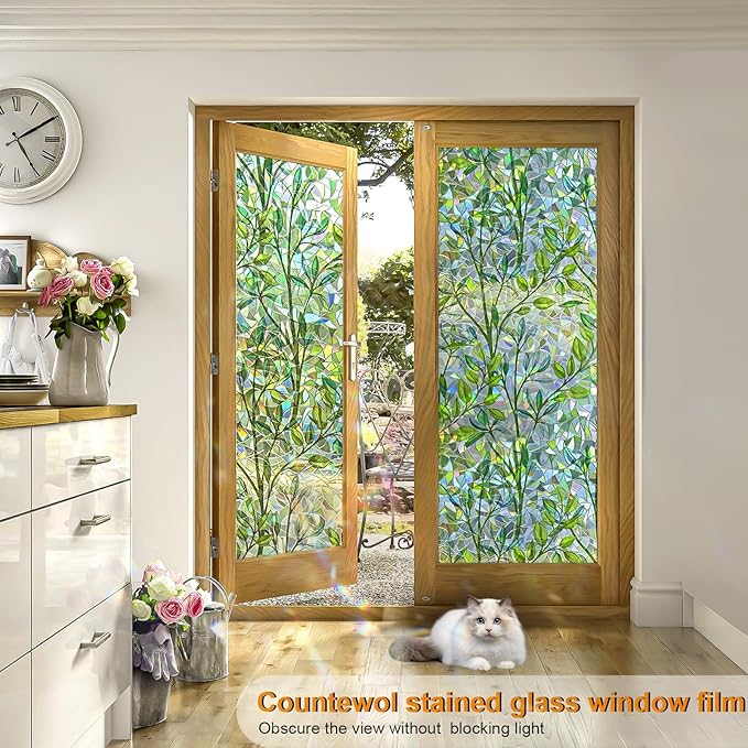Window Privacy Film Stain Glass Window Film Rainbow Window Film Window clings Non-Adhesive Reusable Decorative for Room (Leaf Rainbow, 45.2 x 157.4 in)