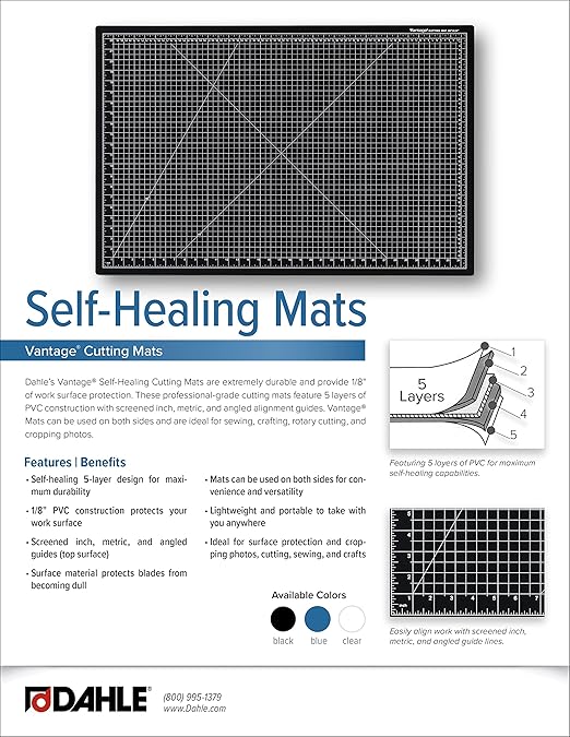 Dahle Vantage 10680 See-Through Premium Self-Healing Cutting Mat, 9"x12", 1/2" Grid, 5 Layers for Max Healing, Perfect for Crafts & Sewing, Clear
