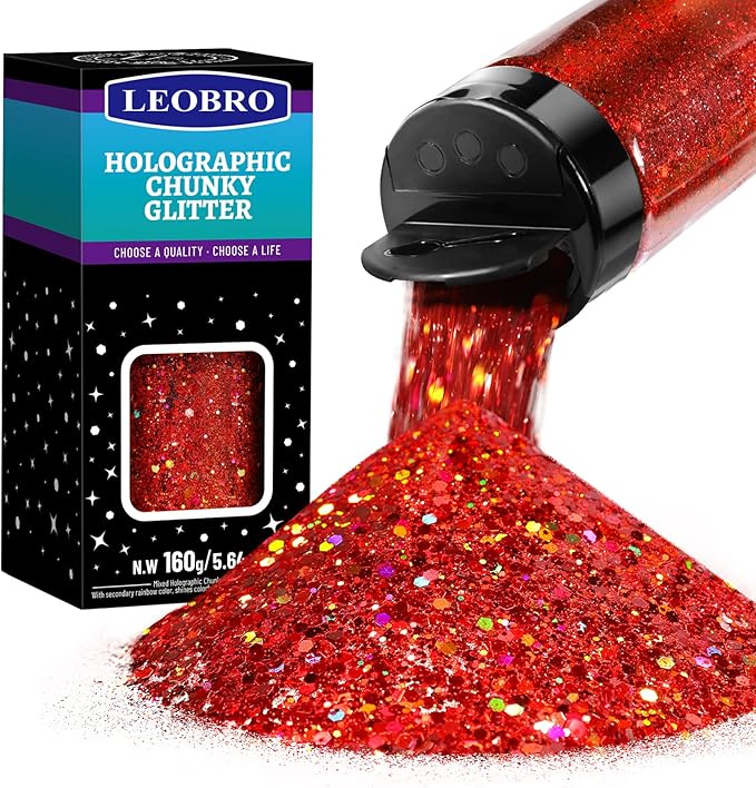 LEOBRO Red Glitter, 160g/5.64oz Holographic Chunky Glitter for Crafts, Resin, Nail Body, Tumblers, Party Decorations