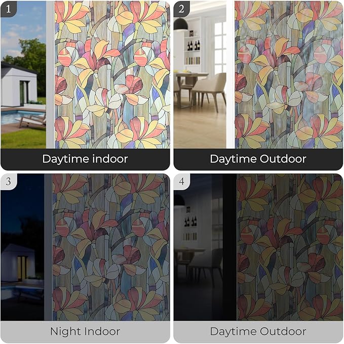 Window Privacy Film, Frosted Glass Decorative Static Cling, Removable Sun Blocking Vinyl Covering, Window Film for Home Kitchen Living Room Bathroom, Glazed Flower Shadows, 17.5" x 78.7 "
