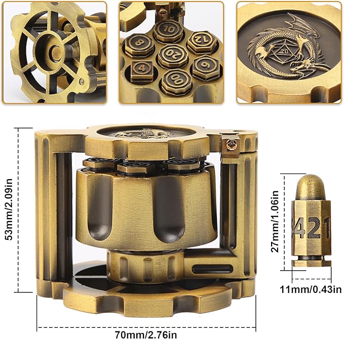 Bullet Dice, Revolver Bullet Metal Dice Set with Spinning Revolver Cylinder Container & Seven Polyhedron Dices for Sci-Fi, War, Crime Theme Tabletop Games