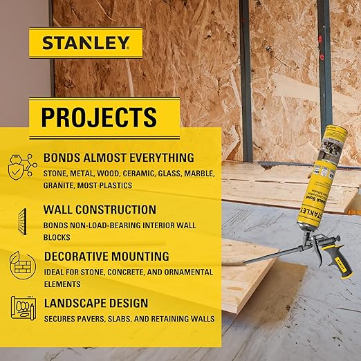 Stanley Quick Bond Adhesive Foam - 2x24oz, Reliable Bond Adhesive for Various Materials, Strong bonding, No Mixing, Gun Use, Including Gun, Cleaner | 2 Pack