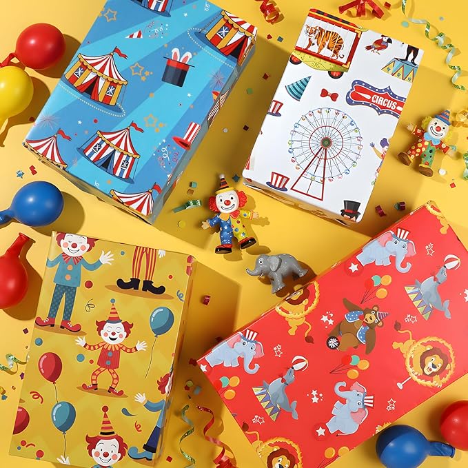 Pineraap 12 Sheets Circus Wrapping Paper, Cute Circus Acrobatic Clown Ferris Wheels Balloon Tent Pattern Folded Gift Packing Paper for Birthday, Baby Shower, Parties, Gifts, Crafts, 20 x 28 inch