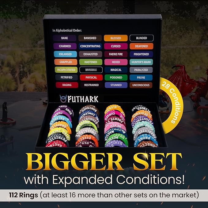 Futhark DND Condition Rings Set: 112 Vibrant DND Condition Markers to Eliminate Confusion - Great DND Gift in Exceptional Storage Box - RPG Accessories for Unforgettable Dungeons and Dragons Nights