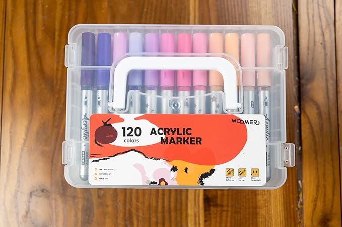 Woomer 120 Colors Acrylic Marker Pens, Soft Brush Tip, No Bleed & High Opacity Paint Pens, Water-based Non-toxic Acrylic Marker for Wood, Fabric, Rock, Glass, DIY Crafts Gift
