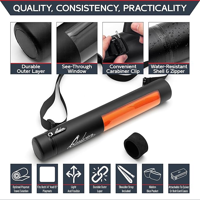 Quiver Time Black XL Orion Playmat Tube - TCG MtG Playmat Tube Case with Waterproof Zipper, Hidden Dice Pocket, Adjustable Removable Shoulder Strap, See-Through Window, Fits 14" and 15" playmats