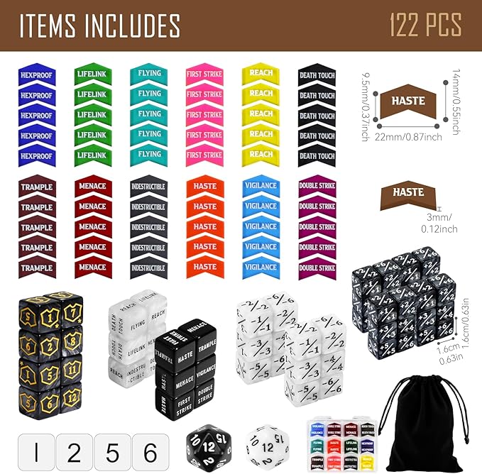 122PCS MTG Abilities Keyword Tokens Dice Counters Set for Magic The Gatering, MTG Buff Tokens Plus 1 Life Counters Dice, Compatible with CCG Creature Stats TCG Magic Card Gaming Accessories