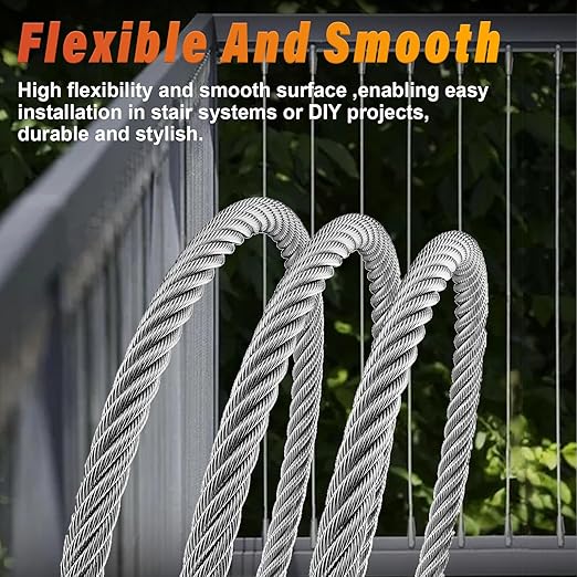 Stainless Steel Cable for Railing - 25FT 1/4" T316 Wire Rope with Clamps and Thimbles - 7 x 19 Strands 6700 LBS Breaking Strength for Outdoor Deck Railing Zipline