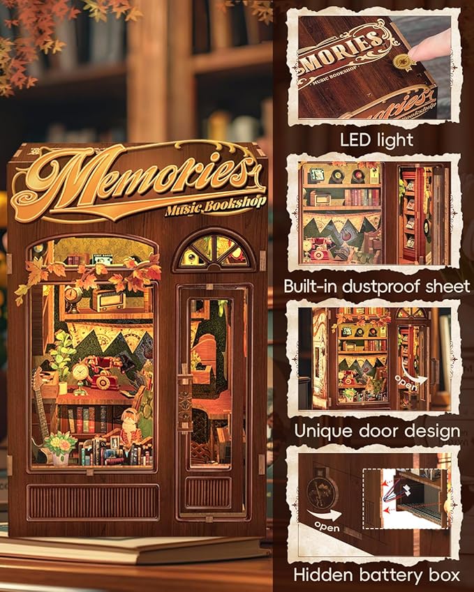 CUTEBEE Book Nook Kit - DIY Miniature House Dollhouse Kit for Adult and Teens, Booknook Bookshelf Decor Alley Model Build with LED Light, Gifts for Family and Friends (Memories Music Bookshop)