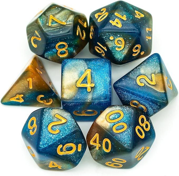 7-Die DND Dice Set Polyhedral Dice Set with a Leather Dice Bag, D&D Dice Set for Dungeons and Dragons, RPG Table Games (Blue Yellow/Glitter)