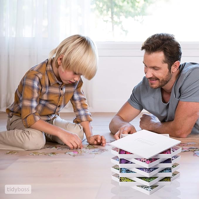 Tidyboss 8 Puzzle Sorting Trays with Lid 10" x 10" - Portable Jigsaw Puzzle Accessories White Background Makes Pieces Stand Out Sort Patterns, Shapes and Colors | for Puzzles Up to 1500-2000 Pieces