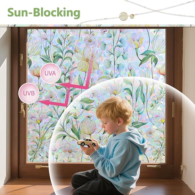 FINNEZ Window Privacy Film Stain Glass Film Flowers Rainbow Window Film Window Clings Non-Adhesive Reusable Decorative for Home（Forest Rainbow，45.2 Inch x 13.1 Feet）