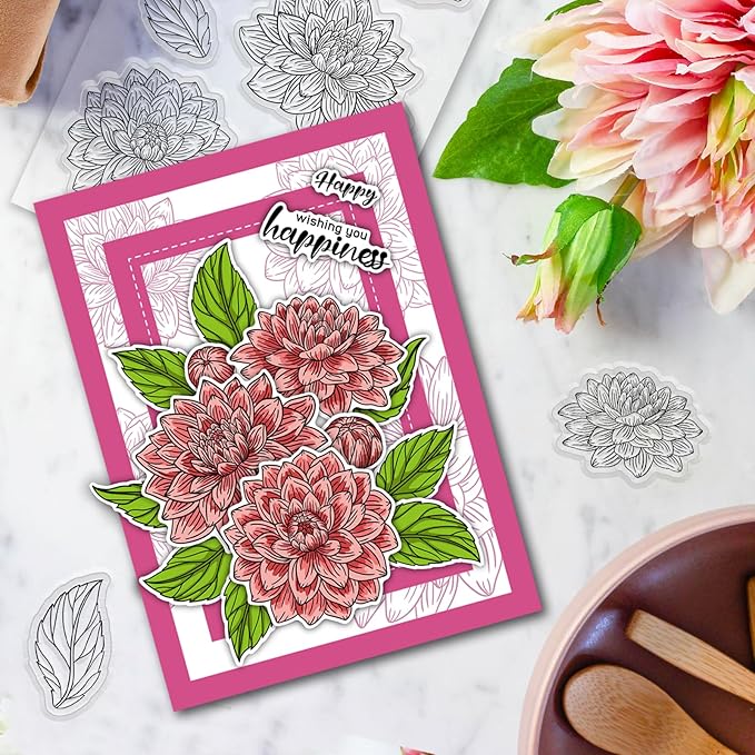 ORIGACH Dahlia Layering Stencil Stamp and Die Set for Card Making, Flower Stencil Template Silicone Clear Stamps and Metal Die Sets for DIY Scrapbooking Photo Album Crafting