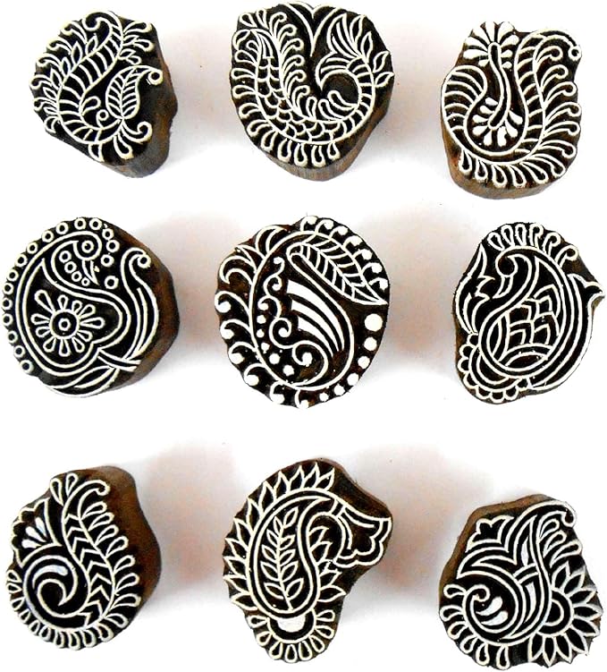 Crafts of India Stylish Paisley Wooden Blocks for Stamping, Block Printing on Textiles, Pottery Crafts,Henna, Scrapbooking, Wall Painting (Set of 9)