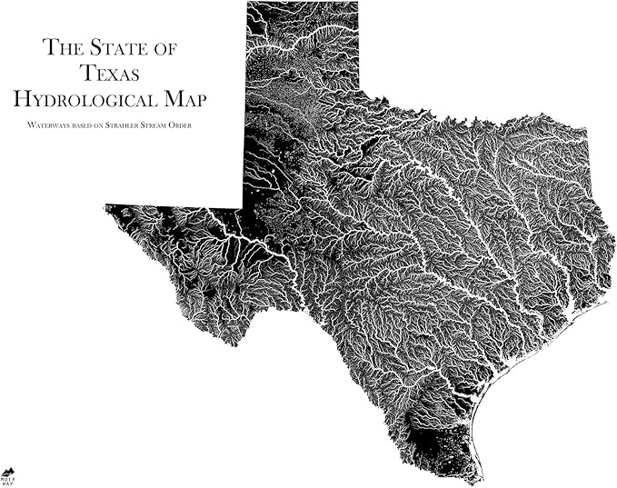 Muir Way Hydrological River Map of Texas - Watershed Topographic Wall Art for Home, Office, or Travel Decor - Unframed Flat Paper Print, 18x24