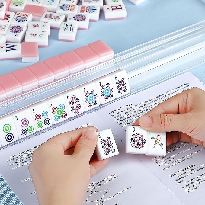 American Mahjong Tile Set,166 Tiles White Pink Acrylic Carving Tiles,Mahjong Game Set with Portable Travel case(Racks Not Included)