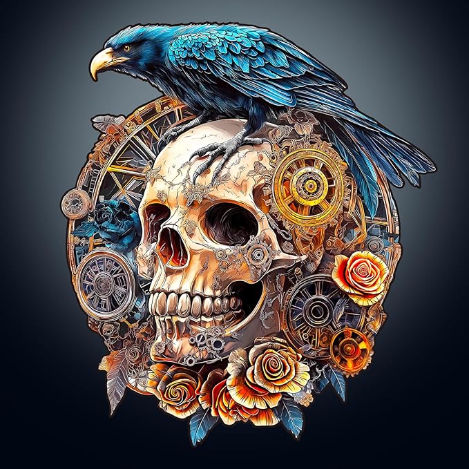 KAAYEE Wooden Puzzles for Adults, 3D Visual Effect Raven & Mechanical Skull Wooden Jigsaw Puzzle Unique Shape Wood Puzzle Adult, 3D Effect Flat Puzzle Birthday Family Games (M-11.4 * 10.1in-175pcs)