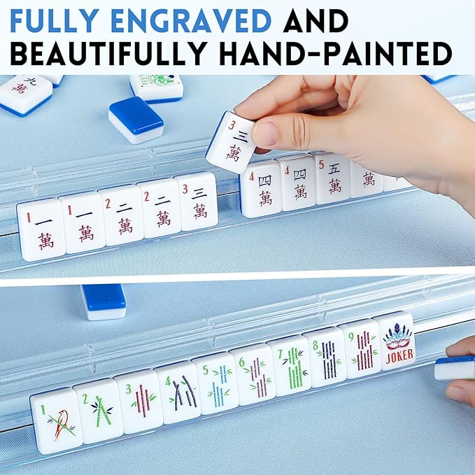 American Mahjong Tile Set,166 Tiles White Blue Acrylic Carving Tiles,Mahjong Game Set with Portable Travel case(Racks Not Included)