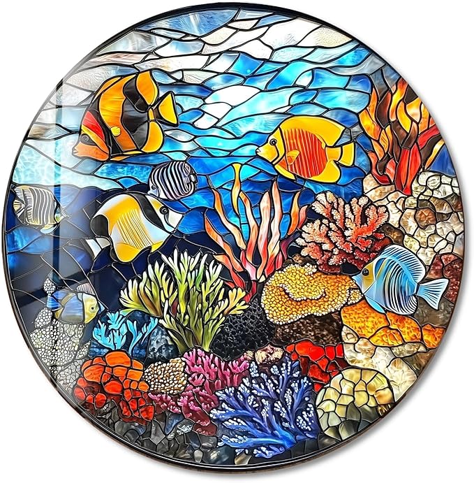 My Photostation.com 10''(25cm) Diameter Coral Reef Mosaic Round Glass Wall Art Tempered Glass Printing Wall Decor Large Wall Art Wall Hangings