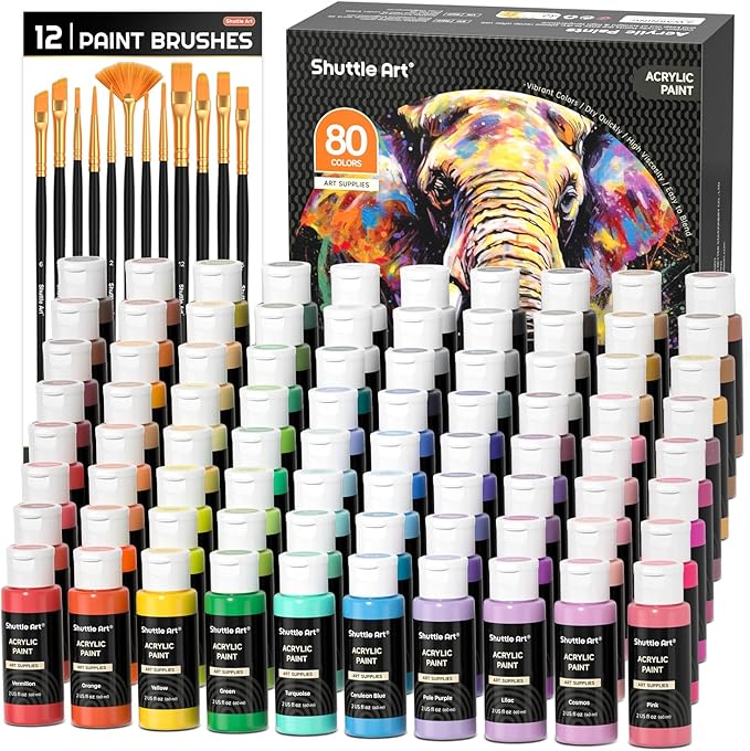 Shuttle Art 80 Colors Acrylic Paint, Acrylic Paint set with 12 Paint Brushes, 2oz/60ml Bottles, Rich Pigmented, Premium Paints for Artists, Beginners and Kids on Canvas Rocks Wood Ceramic