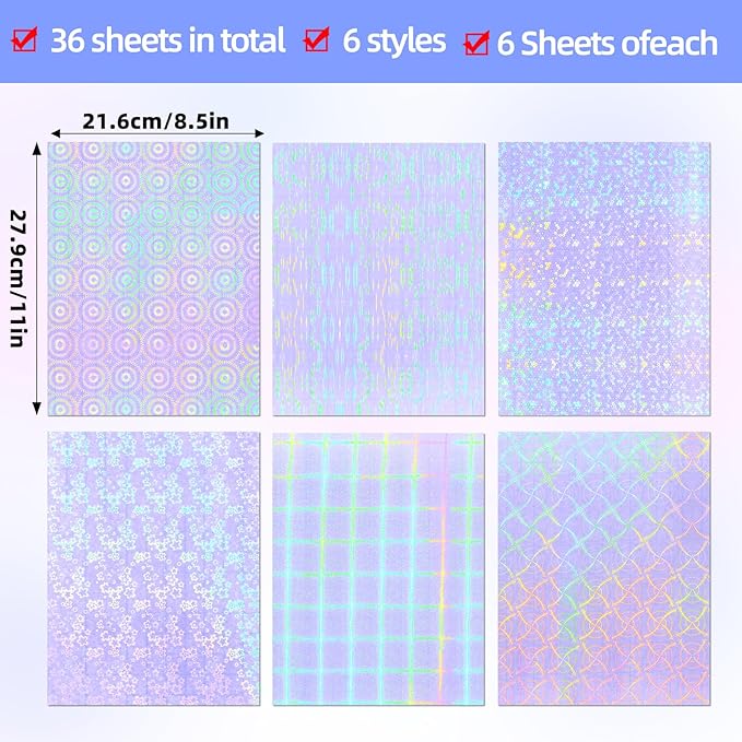 36 Sheets Holographic Sticker Paper, Clear Vinyl Laminate Film for Stickers Self-Adhesive, Transparent Overlay Lamination Sticker Paper Waterproof, 6 Patterns-8.5x11 Inch