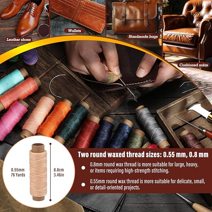 0.55 mm Round Waxed Thread, 14 Colors 76 Yards Spool Wax Coated String, Leather Sewing Waxed Thread for Sewing, Stitching, Beading, Bookbinding, Braiding, Bracelet