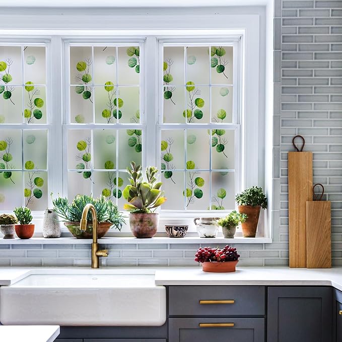 DKTIE Eucalyptus Leaves Stained Glass Window Film with Installation Tools, INS Style Window Privacy Film Decorative, Nordic Style for Home Decor (S541, 17.7'' x 78.7'')