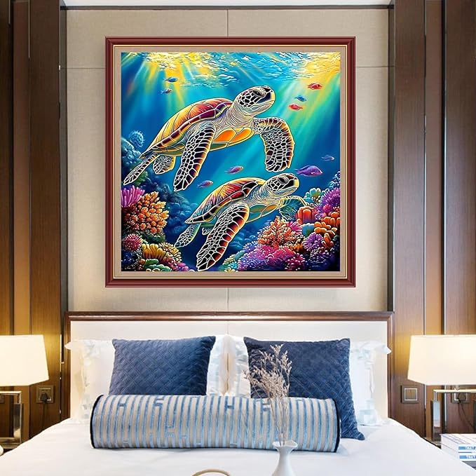 DMCXART Counted Cross Stitch Kits for Adults Needlepoint Kits Unprinted Cross Stitching Embroidery Kit 11CT Cross Stitch Supplies-Turtle Underwater World 18x18 inch