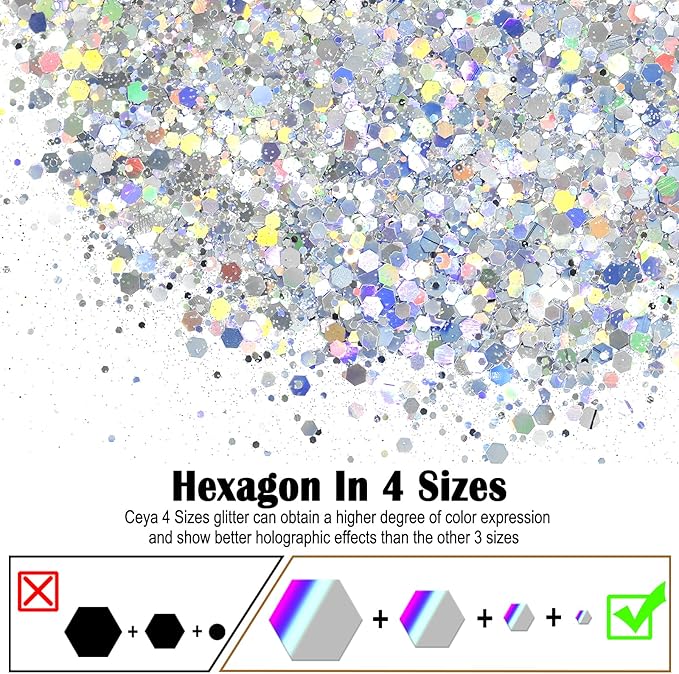 Ceya Holographic Chunky Glitter, 4.9oz/ 140g Diamond Silver Craft Glitter Powder Mixed Fine Flakes Iridescent Nail Sequins for Nail Art, Hair, Epoxy Resin, Tumblers, Slime, Painting, Festival Decor