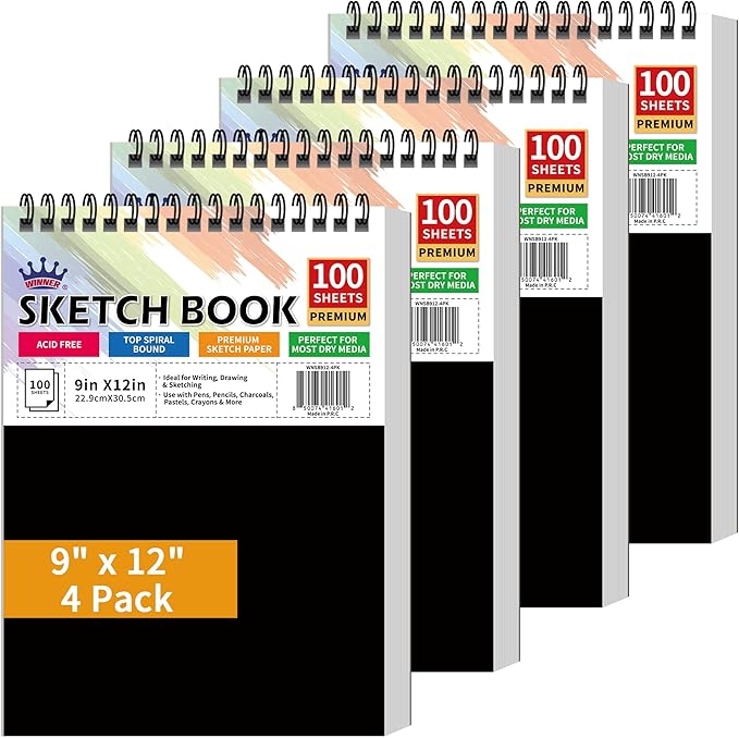 WINNER 9" x 12" Sketch Book 4 Pack, 400 Sheets Spiral Bound Art Sketchbook, 68lb/100gsm White Acid Free Drawing Pad, Painting Drawing Writing Sketch Pad, Art Supplies for School, Kids, Adults &Teens