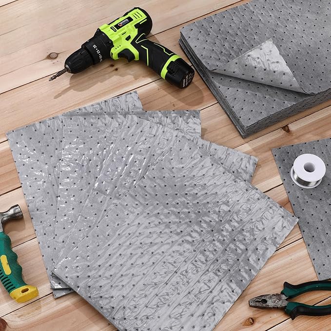 Sawysine 100 Pcs Adhesive-Backed Oil Absorbent Pads 13" x 10" Non-Slip Oil Absorbing Mats Gray Water Absorbent Mat for Garage Accessories Kitchen Basement Supplies