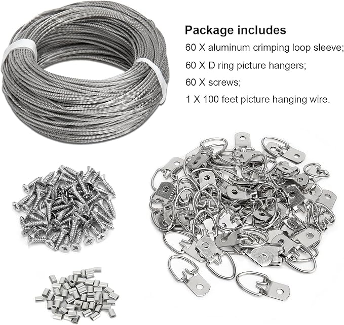 Blisstime Picture Hanging Kit - 100 Feet Braided Hanging Wire, 60 Pcs D Ring Picture Hangers with Screws and 60 Pcs Aluminum Crimping Loop Sleeve for Canvas Paintings, Photo Frames