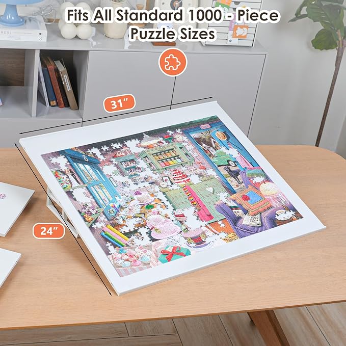 WELGEE 1000-Piecce Tilting Puzzle Board with Stand, 31” x 24” Lightweight Portable Puzzle Table for Adults & Seniors, DIY Customizable Puzzle Accessory Only 3.5 lbs (White)