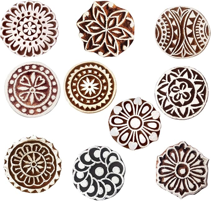 Royal Kraft Round Wooden Printing Stamps (Set of 10) - DIY Henna Fabric Textile Paper Clay Pottery Blocks Htag2181