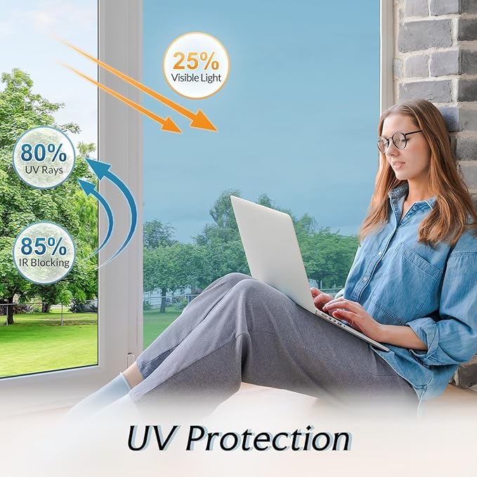 DOWELL One Way Window Privacy Film with 3 Tools Window Tint for Home Sun Blocking Heat Control Anti UV Reflective Mirror Covering See Out Not in for House and Office Silver 17.5" X 78.7"