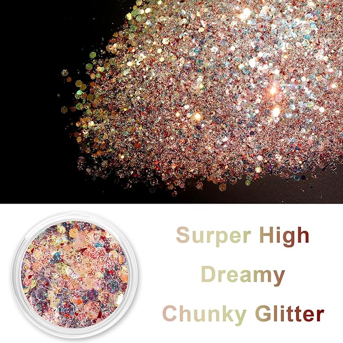 Renfio Opal Chunky Glitter, 1.75oz/50g Red Glitter, Dreamy High Sparkle Glitter for Crafts Holographic Fine Glitter Mix Iridescent Glitters Flake for Resin Nails Hair Snow Globe - Christmas Carnivals